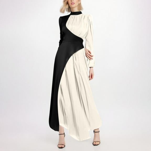 Ndbuld Long Sleeve Maxi Dress for Women Women's Fall And Winter New Round Neck Color Blocked Long Sleeved Slim Waistband Retro Dress,White,M