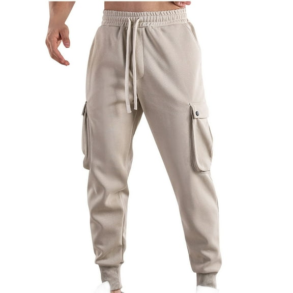 Ndbuld Sweatpants Athletic Pants Traning Track Pants Joggers for Men Men Fashion Solid Casual Elastic Waist With Pocket Trousers Sport Pants,Beige,2XL