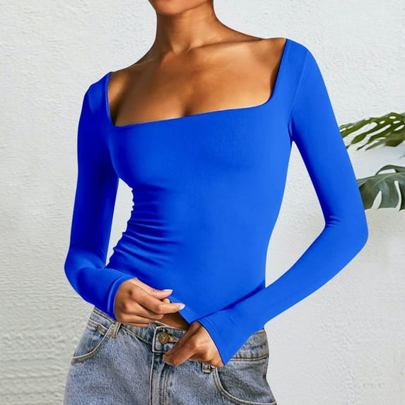 Ndbuld T Shirts for Women Slim Fitted Long Sleeve Shirts for Women Crewneck Tees Tight Basic Tops Blue XS