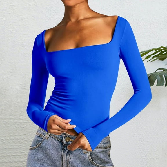 Ndbuld T Shirts for Women Slim Fitted Long Sleeve Shirts for Women Crewneck Tees Tight Basic Tops Blue XS