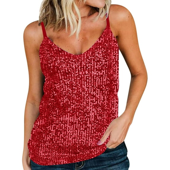 Ndbuld Tank Tops Women's Shirts Fashion Women Summer Casual Sleeveless V-Neck Sequin Camis Blouse Tops Red L