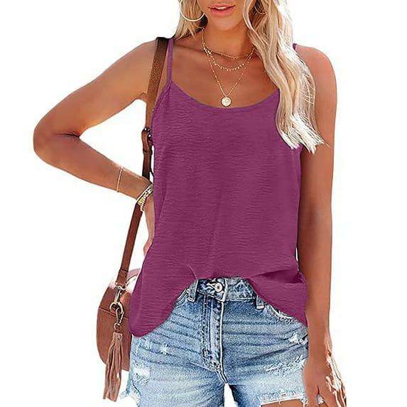 Ndbuld Tank Tops Women's Shirts Summer Women Solid Color Round Neck Sleeveless Casual Tee Tops Tank Christmas Deals Hot Pink L