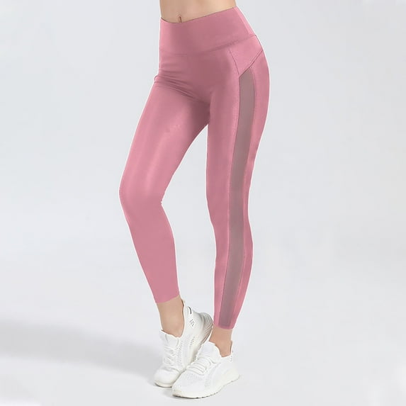 Ndbuld Thick Yoga Pants Womens Leggins Women's Fashionable High Waisted Pocket Mesh Splicing Breathable Casual Sports Plus Size Yoga Pants Summer Savings Pink L