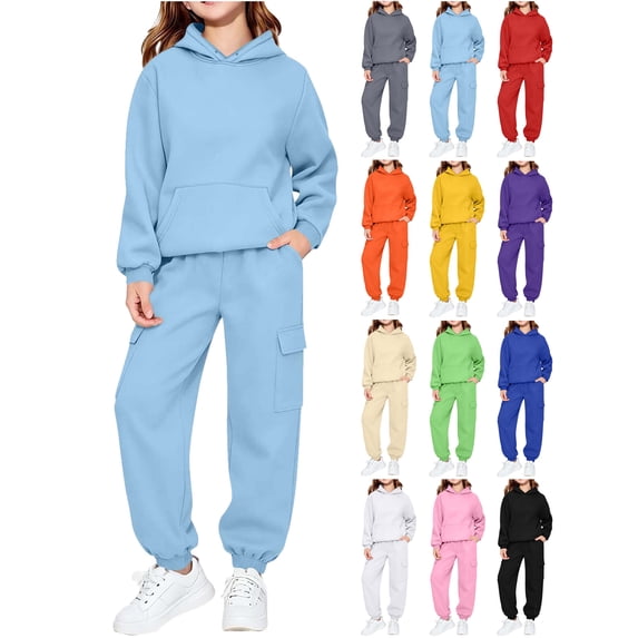 Ndbuld Toddler Girl Clothes 2 Piece Outfits Fashion Sweatshirts+Sweatpants Long Sleeve Tracksuit Fall Winter Clothing Jogger Set for School Daily Casual Pockets Light Blue