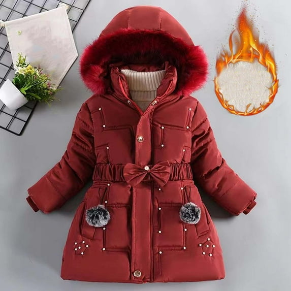 Ndbuld Toddler Heavyweight Puffer Jacket Girls Winter Clothes Plus Velvet Thickened Fashionable Middle and Large Children's Medium and Long Little Girl Fashionable Coat Cotton Jacket 6 Years