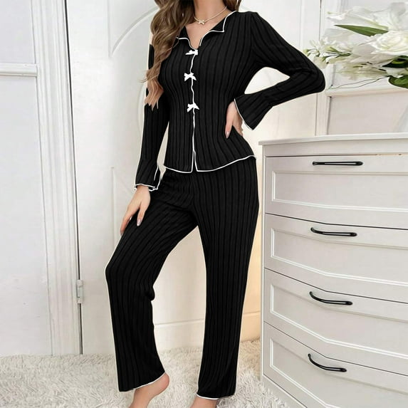 Ndbuld Two Piece Sets for Women Casual Travel Vacation Outfits Summer Wide Leg Crop Pants Lounge Sets Black L