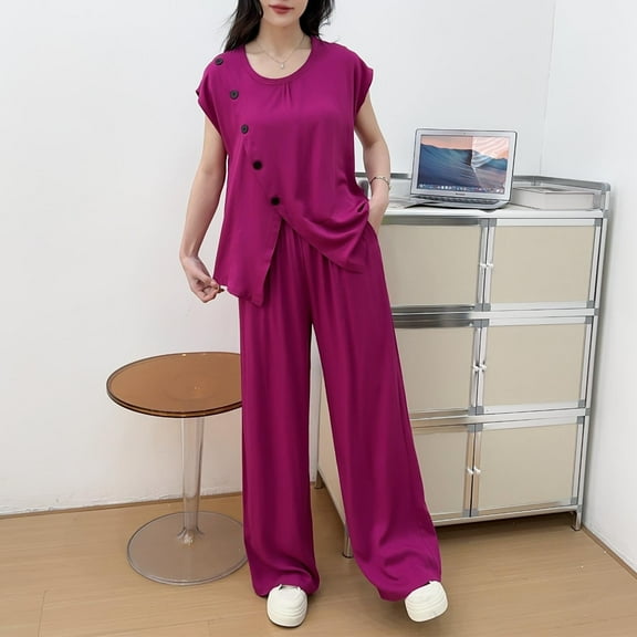 Ndbuld Two Piece Sets for Women Summer Outfits Lounge Sets Mock Neck Tops Wide Leg Crop Pants Vacation Travel Outfits Rollbacks Hot Pink XL