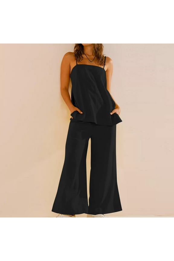 Two Piece Sets for Women Summer Outfits Lounge Sets Mock Neck Tops Wide Leg Crop Pants Vacation Travel Outfits Black M