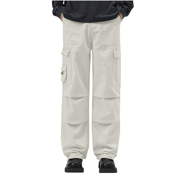 Ndbuld Up to 35% off Cargo Pants Men's Solid Color Pocket Work Pants Straight Leg Pants,Beige,2XL