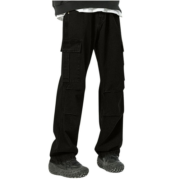 Ndbuld Cargo Pants Men's Solid Color Pocket Work Pants Straight Leg Pants,Black,2XL