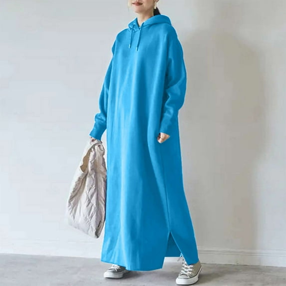 Ndbuld Women's Summer Plus Size Dress Women's Solid Color Straight Pocket Plus Velvet Loose Hooded Dress,S-5XL,Blue,M