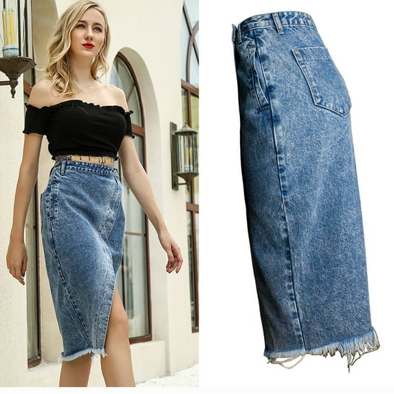 Ndbuld Vintage Denim Skirts for Women Women Fashion High Waist Ripped Destroyed Bodycon Street Style Skirt on Clearance,Blue,XL