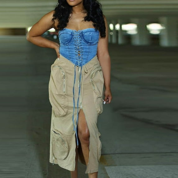 Ndbuld Vintage Denim Skirts for Women Women's Spring And Summer Work Dress Pocket Skirt Casual Mid-length Skirt Summer Clearance,Khaki,2XL