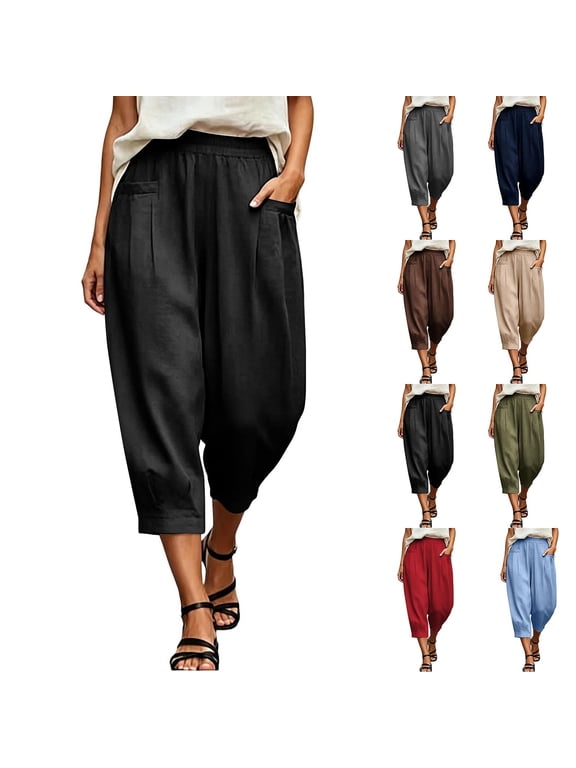 Woman Pants Women's Summer Loose Casual Solid Color Capris with Pockets,Coffee,XXL