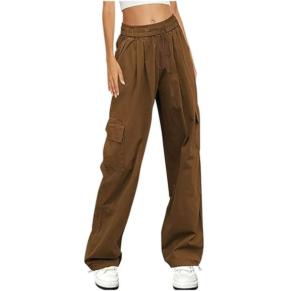 Ndbuld Women Cargo Pants Ladies Trendy and Casual Multi Pocket Loose Wide Leg Work Pants Long Pants L,Brown