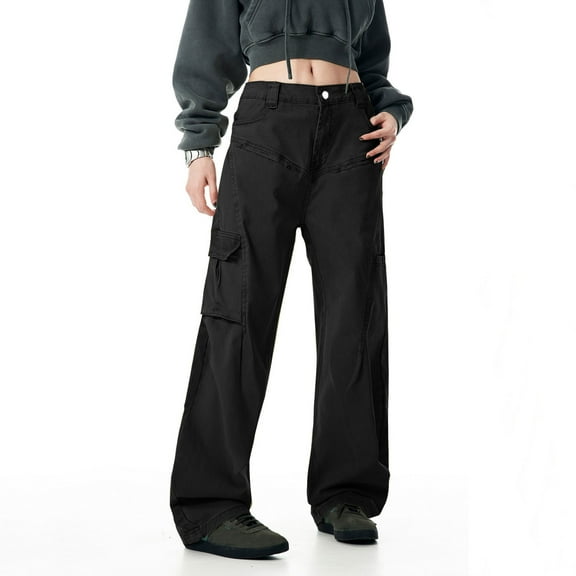 Ndbuld Women Cargo Pants Mid-waist Pocket Overalls Casual Pants In Spring and Summer ,L,Black
