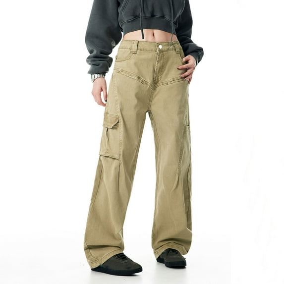 Ndbuld Women Cargo Pants Mid-waist Pocket Overalls Casual Pants In Spring and Summer ,XL,Khaki