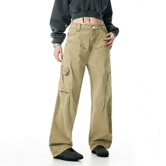 Ndbuld Women Cargo Pants Mid-waist Pocket Overalls Casual Pants In Spring and Summer ,XXL,Khaki
