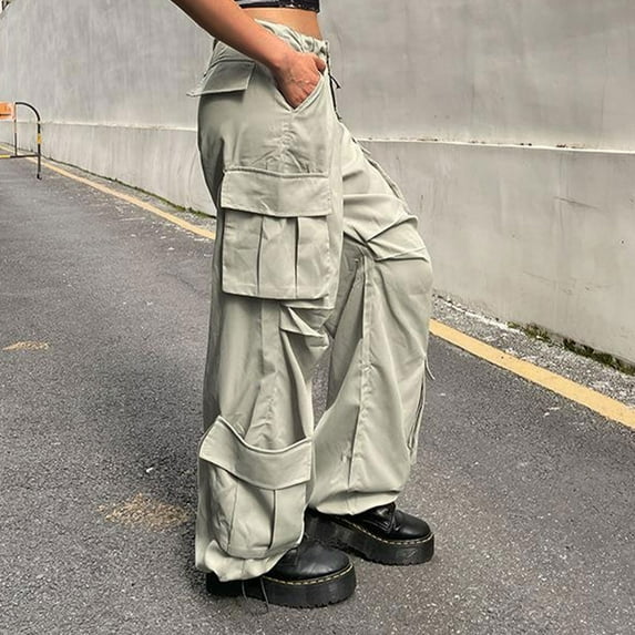 Ndbuld Women Cargo Pants Solid Color Fashion Casual Loose Broad Leg Full Length Pants Christmas Gift,S,Beige