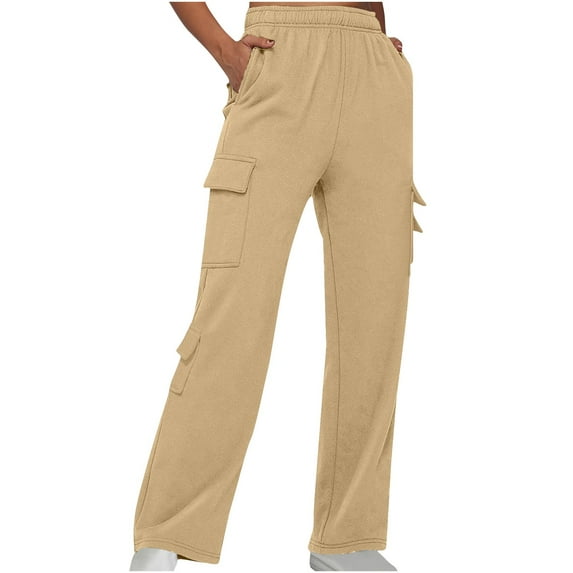 Ndbuld Women Cargo Pants Yoga Leggings for Women High Waisted Yoga Casual Pants Workout Leggings Cargo with 4 Pockets Yoga Pants M,Khaki