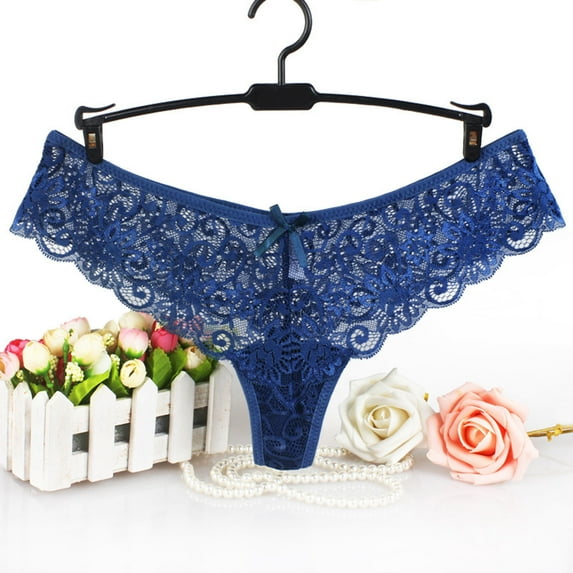 Ndbuld Women Cotton Underwear Fashion Sexy Lace Flower Transparent Gauze Bow Low Waist G-string Pants Panties Thong Halloween Gift