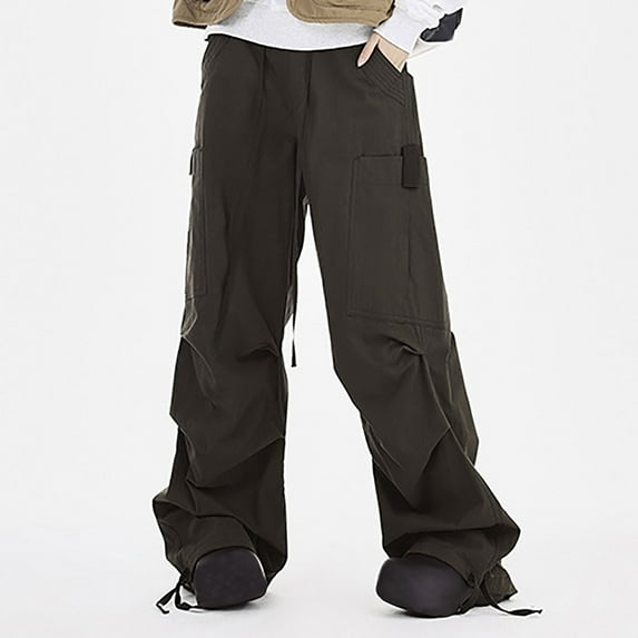 Ndbuld Women High Waisted Drawstring Wide Leg Cargo Pants Flap High Waisted Work Pants Multi-Pockets Versatile Straight Leg Pants Trousers ,S,Black