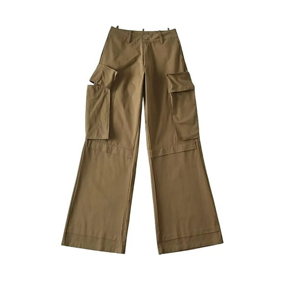 Ndbuld Women High Waisted Drawstring Wide Leg Cargo Pants Low-rise Baggy Three-dimensional Cargo Pants with Large Pockets S,Coffee