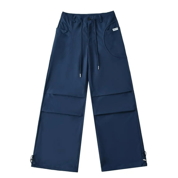 Ndbuld Women High Waisted Drawstring Wide Leg Cargo Pants Mid-Waist Straight Leg Sports Pocket Design Sense Drawstring Pleated Wide Leg Cargo Pants M,Navy