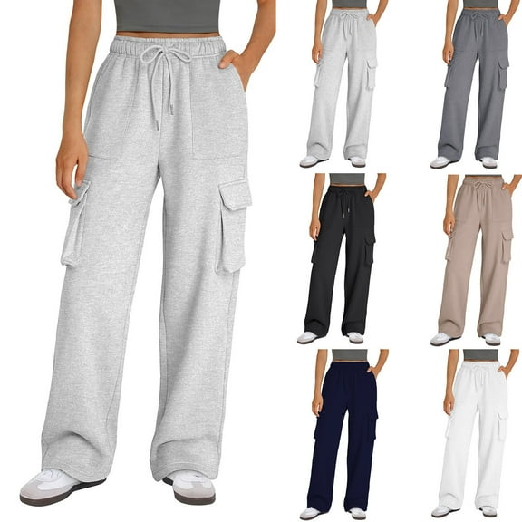 Ndbuld Women High Waisted Drawstring Wide Leg Cargo Pants New Straight Tube Solid Color Multi Pocket High Waisted Drawstring Work Pants 2XL,Gray