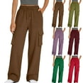 thumbnail image 1 of Ndbuld Women High Waisted Drawstring Wide Leg Cargo Pants New Straight Tube Solid Color Multi Pocket High Waisted Drawstring Work Pants XL,Brown, 1 of 9