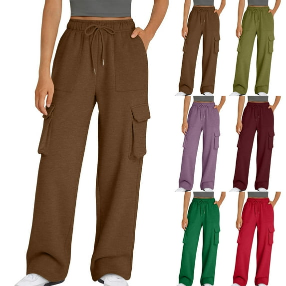 Ndbuld Women High Waisted Drawstring Wide Leg Cargo Pants New Straight Tube Solid Color Multi Pocket High Waisted Drawstring Work Pants XL,Brown
