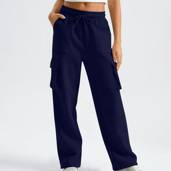 Ndbuld Women High Waisted Drawstring Wide Leg Cargo Pants New Straight Tube Solid Color Multi Pocket High Waisted Drawstring Work Pants 2XL,Navy
