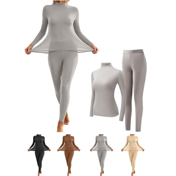 Ndbuld Women Mock Neck Seamless Thermal Underwear Set, 2‑Piece Stretchy Insulated Base Layer for Daily & Outdoor Winter Layering