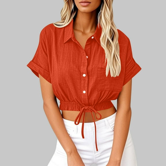 Ndbuld Women Shirts Womens Toos Women's Lapel Short Sleeve Loose Button Cotton And Linen Tunic Summer Work Clothes Short Shirt Blouse Orange,S