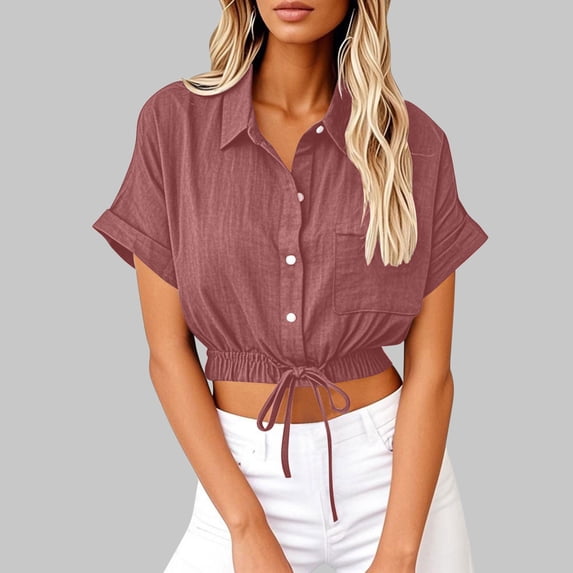 Ndbuld Women Shirts Womens Toos Women's Lapel Short Sleeve Loose Button Cotton And Linen Tunic Summer Work Clothes Short Shirt Blouse Watermelon Red,L