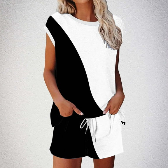 Ndbuld Women Summer Cotton Linen Short Sets 2 Piece Shorts Top Lounge Beach Vacation Two Piece Outfits Tracksuits Black L