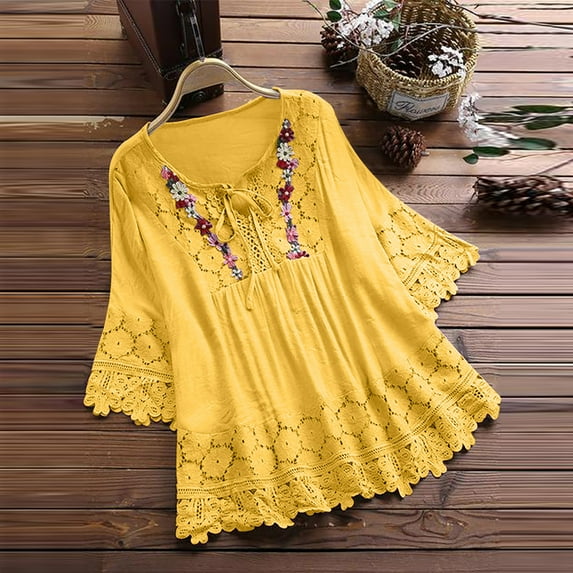 Ndbuld Women Vintage Lace Patchwork Bow V-Neck Three Quarter Blouses T-Shirt Sales Today Clearance,Yellow,XXXXL