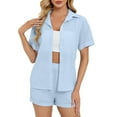 thumbnail image 1 of Ndbuld Women's 2 Piece Beach Outfits Button Down Short Sleeve Shirts and High Waist Shorts Lounge Sets Casual Tracksuit Set Light Blue L, 1 of 5
