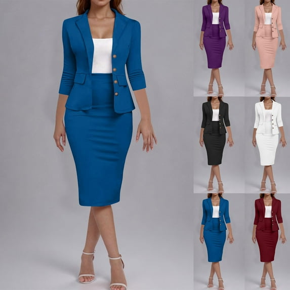 Ndbuld Women's 2 Piece Suit Set Peplum 3/4 Long Sleeve Church Dress Suit Elegant formal office Midi Pencil Skirt Suit,Blue,S