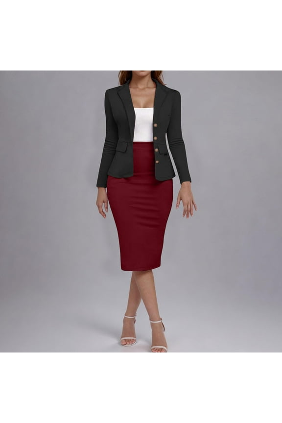 Women's 2 Piece Suit Set Peplum 3/4 Long Sleeve Church Dress Suit Elegant formal office Midi Pencil Skirt Suit Black,L