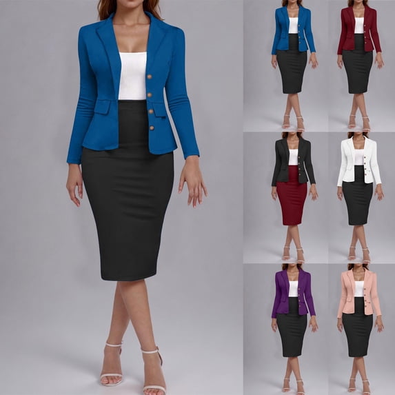 Ndbuld Women's 2 Piece Suit Set Peplum 3/4 Long Sleeve Church Dress Suit Elegant formal office Midi Pencil Skirt Suit Deal for Days Holiday Decor,Blue,L