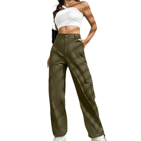 Ndbuld Women's Athletic Hiking Cargo Joggers Pants New Straight Tube Solid Color Button Multi Pocket Casual Drawstring Work Pants XS,Army Green