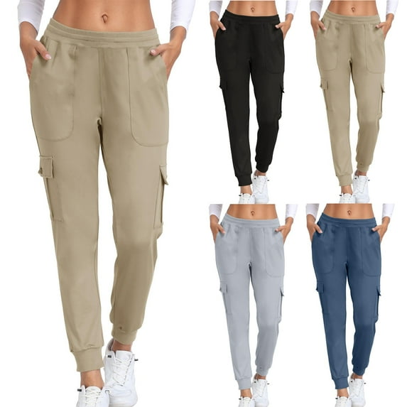 Ndbuld Women's Athletic Hiking Cargo Joggers Pants Solid Color Pocket and Leg Work Pants ,XL,Beige
