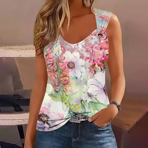 Ndbuld Women's Basic Tank Tops Women's Fashionable Sleeveless Casual Printing Metal Round Neck Shirts Blouses Tops Tank Pink XL