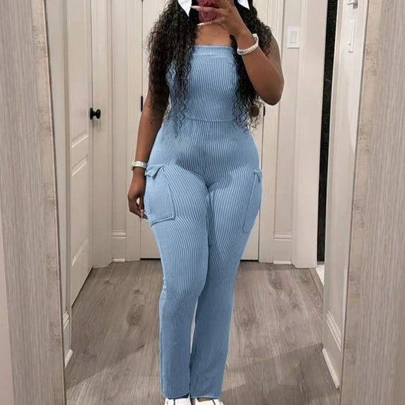 Ndbuld Women's Bra Free Bodysuits Women's Fashion Tight Solid Color Stripe Pocket Splicing Jumpsuit Shapewear Bodysuit ,Light Blue,M