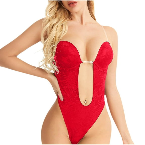 Ndbuld Women's Bra Free Bodysuits Womens Thin Style Lace Sexy Transparent Shoulder Strap Chest Support Bodysuit Up to 35% off,Red,M