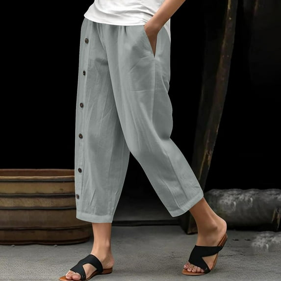 Ndbuld Women's Cargo Capris Pants with 6 Pockets Fashion Women Summer Comfortable Pocket Pants Casual Button Solid Capris Pant Clearance Under $5GrayXL