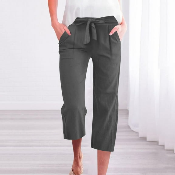 Ndbuld Women's Cargo Capris Pants with 6 Pockets Pants Women Tie Front Plus Size High Waisted Dress Pants Business Casual Straight Leg Work Capris with Pockets on ClearanceGrayS