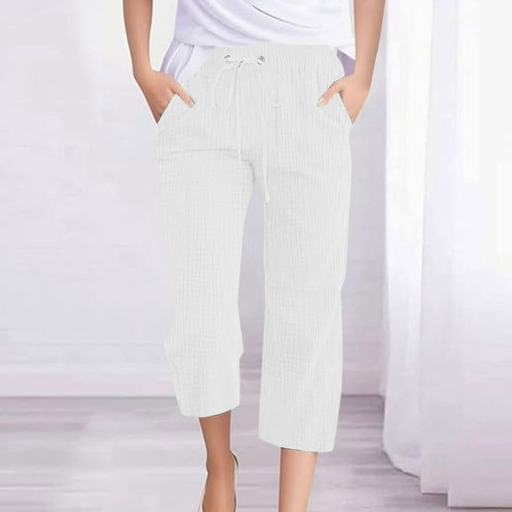 Ndbuld Women's Cargo Capris Pants Fashion Womens Casual Color Elastic Loose Pants Capris with Pocket Clearance Sales Online DealsWhiteL