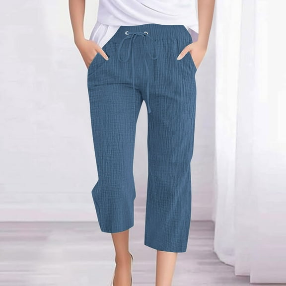 Ndbuld Women's Cargo Capris Pants Fashion Womens Casual Color Elastic Loose Pants Capris with Pocket Deal of The WeekBlueS